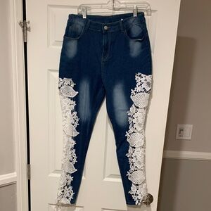 Women's Blue Jeans with White Lace Detail